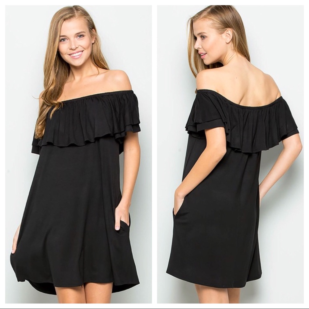 Ruffle Off Shoulder w/pockets Swing LBD Dress